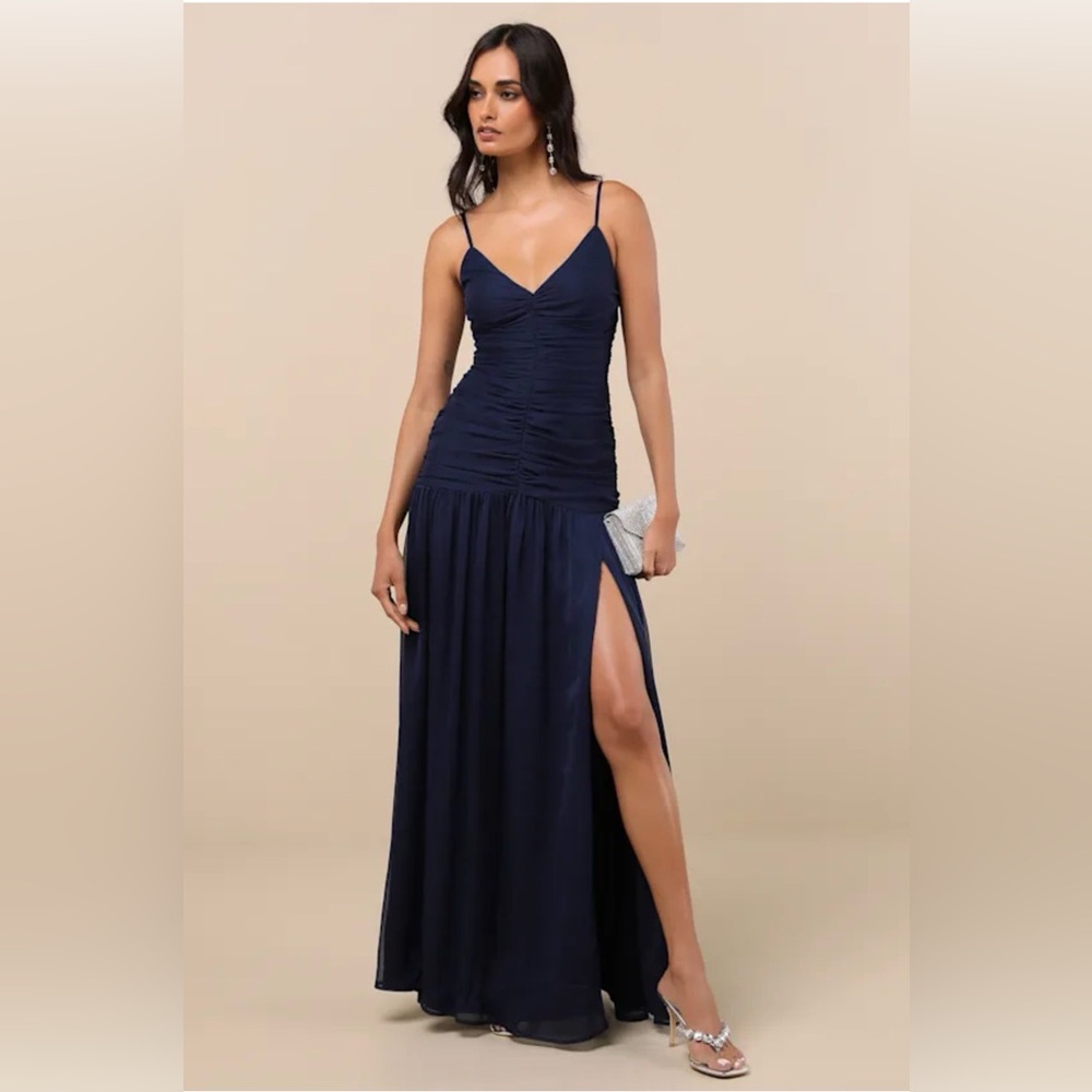 Lulus Ronna Navy Ruched Drop Waist Maxi Dress NWT XL